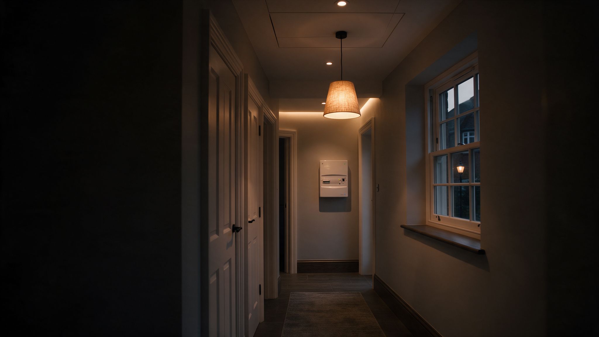 Softly lit hallway with a neatly installed consumer unit